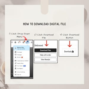 May include: A step-by-step guide on how to download a digital file. The instructions include clicking the drop-down menu, clicking the download file, and clicking the download button. The image includes screenshots of a website interface.