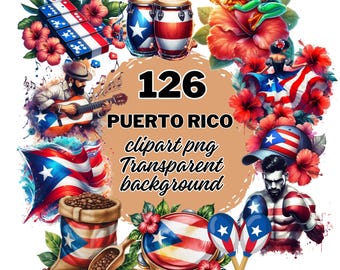Puerto Rico Watercolor Clipart Bundle, Cultural & Tropical Illustrations, Food, Landmarks, People, Nature,(PNG Digital Download)
