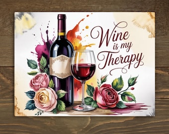 Wein ist meine Therapie Schneidebrett PNG Download Aquarell Blumen Wein Brett Design Digitale Sublimationsdatei Küche Dekor Geschenk
