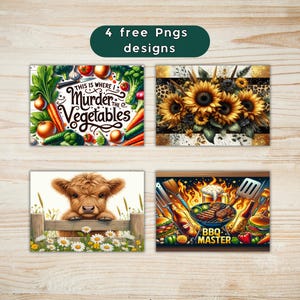 K&ouml;nnte beinhalten: Vier digitale Designs werden auf einem hellen Holzgrund dargestellt. Die Designs umfassen eine Gem&uuml;se-Grafik mit Text, Sonnenblumen, ein Kalb hinter einem Zaun und eine BBQ-Szene mit dem Text "BBQ Master".