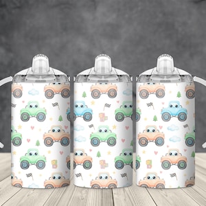 May include: Three white sippy cups with a repeating pattern of cartoon cars in pastel colors. The cars are blue, green, and orange, with black and white checkered flags, clouds, and hearts. Each cup has a white handle and a clear lid.