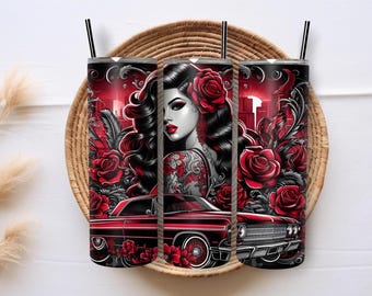 Lowrider Girl Car Roses 20oz Red Black Skinny Tumbler Wrap PNG Sublimation Design Instant Digital Download