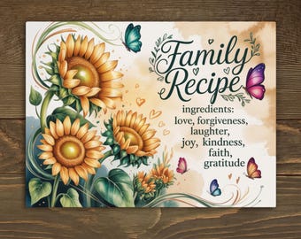 Sunflower Cutting Board Sublimation Design, Happy Family Recipe Chopping Board PNG, Rustic Floral Kitchen Decor Digital Download Template