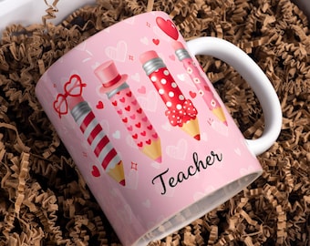 Teacher Valentine 11oz 15oz Mug Wrap Sublimation Design PNG Template Heart Pencils Gift for Teachers Digital Download