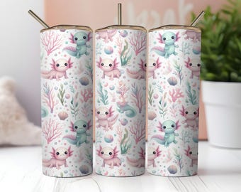 Cute Kawaii Axolotl 20oz Skinny Tumbler Wrap PNG, Adorable Axolotl Sublimation Design, Digital Download Tumbler Wrap for Gifts