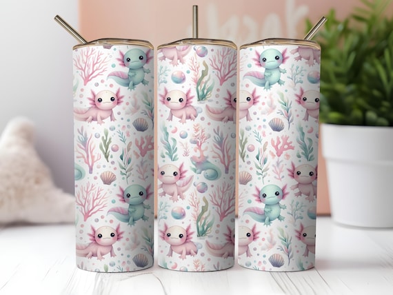 Cute Kawaii Axolotl 20oz Skinny Tumbler Wrap PNG, Adorable Axolotl Sublimation Design, Digital Download Tumbler Wrap for Gifts