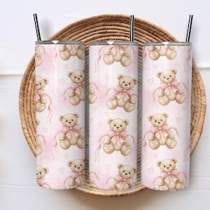 Cute Teddy Bear 20oz Tumbler Wrap PNG, Pink Bow Aesthetic Bear Pattern, Coquette Bear Sublimation Design