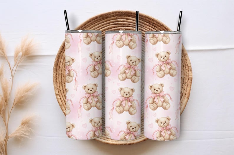 Cute Teddy Bear 20oz Tumbler Wrap PNG, Pink Bow Aesthetic Bear Pattern, Coquette Bear Sublimation Design
