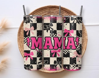 Retro Checkered Gothic Coquette Mama 20oz Skinny Tumbler Wrap Sublimation Design Retro Grunge Mom Girly Bow Digital Download