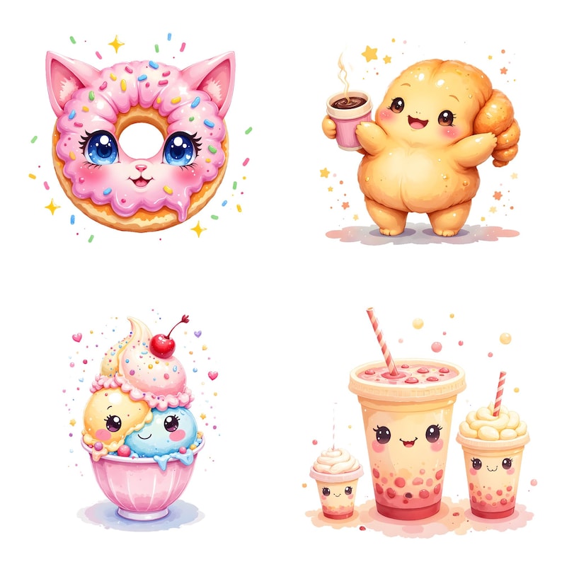 May include: A collection of cute, cartoon-style illustrations of food items. Includes a pink donut with cat ears, a smiling croissant character holding coffee, a bowl of ice cream with a cherry, and bubble tea.