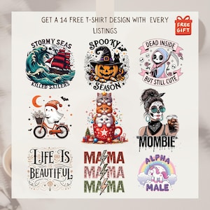 May include: A collection of graphic designs for t-shirts. Designs include a pirate ship in a stormy sea, a jack-o'-lantern with a witch hat, a ghost on a bicycle, stacked cats in a mug, a skull grim reaper, a woman with skull makeup, and text that says "Life is Beautiful".