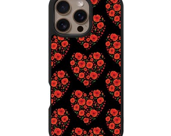 Funda para iPhone con diseño de corazones de amapola – Compatible con MagSafe, protección contra caídas de 3 metros, diseño resistente a la decoloración.