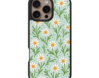 Funda para iPhone con diseño de margaritas – Compatible con MagSafe, protección contra caídas de 3 metros.