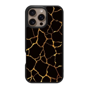 May include: Black phone case with a gold cracked pattern design. The case has a black border and a gold cracked pattern on the back. The phone case has three camera lenses.