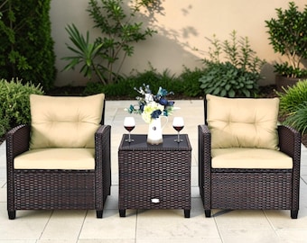 Conjunto de muebles de ratán para patio de 3 piezas, conjunto de sofá de mimbre para exteriores, muebles de conversación para patio, sofá de jardín acolchado con mesa de centro.