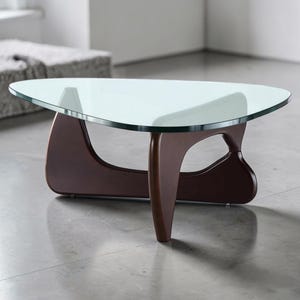 Triangle Glass Top Coffee Table, Solid Wood Base, Dark Walnut Finish, Mid Century Modern Living Room Decor Furniture, Accent Table