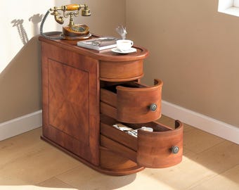 Solid Wood End Table, Narrow Side Table with 2 Drawers, Small Space Bedside Nightstand, Modern Rustic Accent Table, No Assembly