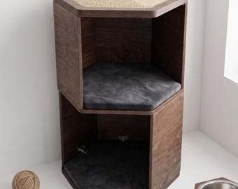 Modern Hexagonal Cat House & Scratching Post - Eco - Friendly Cat Furniture Set - Minimalist Cat Bed with Cushion And Double Feeder Bowl