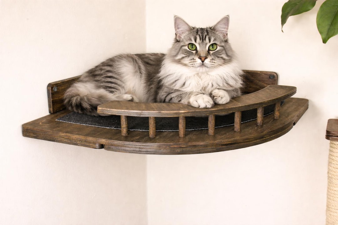 Wood Cat Corner Wall Bed & Steps and Scratching Post, Modern Cat ...