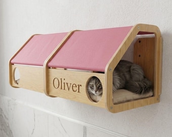 Set di 2 tunnel da parete XL per gatti - Scaffali modulari geometrici in legno - Cuccia per gatti personalizzata in compensato di betulla di prima qualità - Set di 2 pezzi con incisione CNC