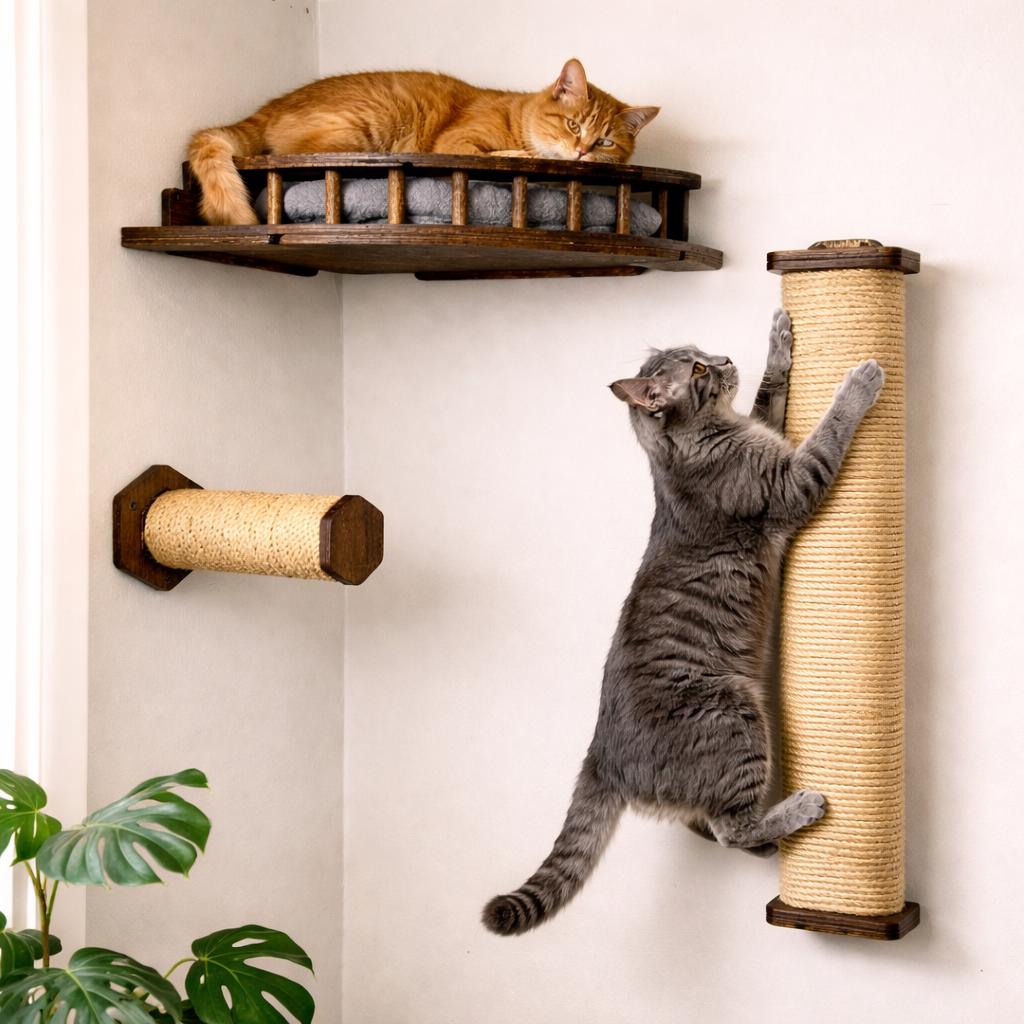 Wood Cat Corner Wall Bed & Steps and Scratching Post, Modern Cat ...