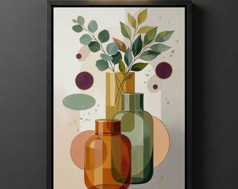 Geometric Vases Digital Download, Cezanne Printable Wall Art, Golden Eucalyptus Abstract Botanical Decor