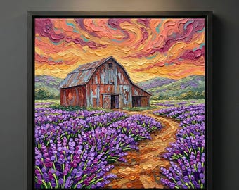 Lavender Farm Barn Canvas Print, Van Gogh Wall Art, Purple Flower Field Sunset Decor