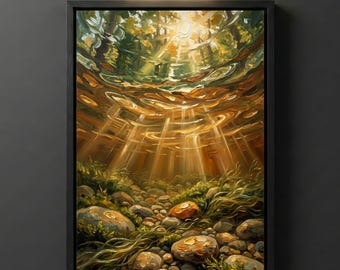 Underwater Forest Digital Download, Monet Printable Wall Art, Golden Sunlight River Stone