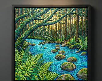 Pointillist Forest Stream Canvas Print, Seurat Wall Art, Swirling Water River Landscape Decor