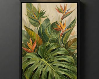 Monstera Digital Download, Rousseau Printable Wall Art, Jungle Birds Paradise Tropical Botanical