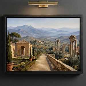 May include: A framed landscape painting depicting a classical Italian garden with a pathway, columns, and rolling hills in the background. The artwork features a color palette of greens, browns, and blues, with a gold-toned light fixture above.