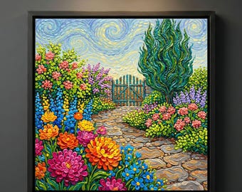 Starry Night Garden Gate Canvas Print, Van Gogh Wall Art, Pointillist Flower Path Decor