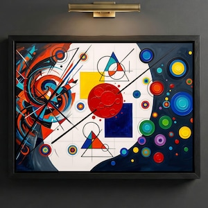 May include: Abstract art print in a black frame. The artwork features geometric shapes, including circles, squares, and triangles, in vibrant colors like red, blue, yellow, and orange. The composition is divided into sections with a white background.