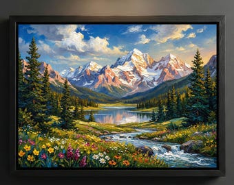 Wildflower Field Canvas Print, Bierstadt Wall Art, Snow Peak Mountain Lake Landscape Decor