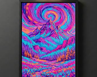 Psychedelic Mountain Canvas Print, Van Gogh Wall Art, Spiral Sky Wildflower Alpine Decor