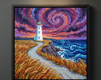 Starry Night Lighthouse Canvas Print, Van Gogh Wall Art, Coastal Seascape Swirling Sky Decor