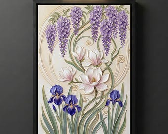 Wisteria Magnolia Iris Digital Download, Mucha Printable Wall Art, Art Nouveau Botanical Home Decor