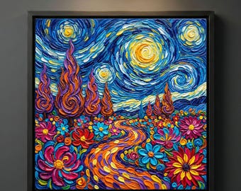 Starry Night Wildflower Canvas Print, Van Gogh Wall Art, Cypress Tree Garden Landscape Decor