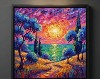 Mediterranean Sunset Canvas Print, Van Gogh Wall Art, Spiral Sun Ocean View Landscape Decor