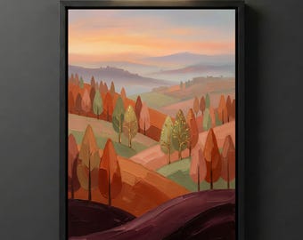 Autumn Landscape Digital Download, Klee Printable Wall Art, Geometric Trees Rolling Hills Home Decor
