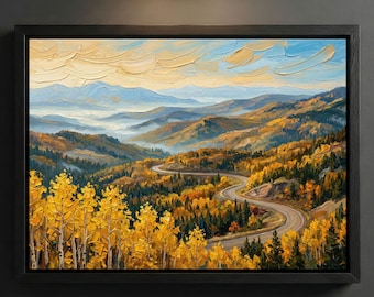 Autumn Mountain Canvas Print, Bierstadt Wall Art, Golden Aspen Trees Winding Path Landscape Decor