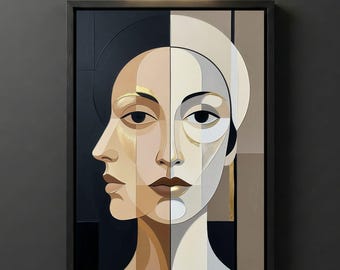 Geometric Portrait Digital Download, Klimt Printable Wall Art, Golden Art Deco Face Abstract Decor
