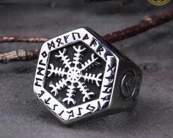 Viking's Valknut Compass Ring, Stainless Steel Hexagon Thumb Band, Gothic Norse Trendy Statement Jewelry, Vintage Odin's Symbol Gifts
