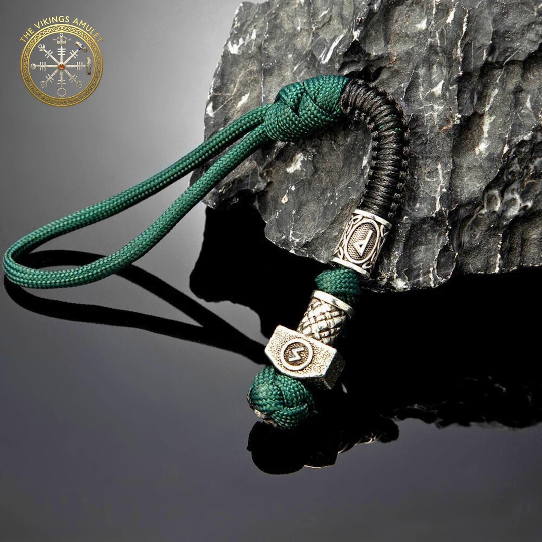 Key Ring Rune Norse Runes Keychain With Thor's Hammer Pendant, Survival Paracord ...