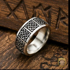 Celtics Knot Viking Ring, Norse Amulet Stainless Steel Silver Band, Vintage Engraved Men Women Finger Signet Ring, Norse Mythology Gifts