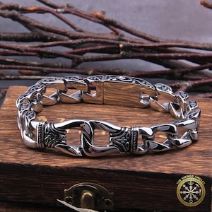 Norse Viking Curb Chain Bracelet, Stainless Steel Cuban Link Bangle, Unisex Mythology Silver Jewelry, Nordic Rune Inspired Fashion Charm