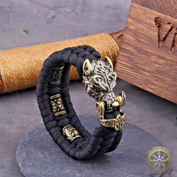 Fenrir Wolf Head Viking Bracelet, Hand Braided Paracord Wristband, Punk Rock Biker Men's Jewelry, Pagan Wrap Mythology Charm Beads Amulet