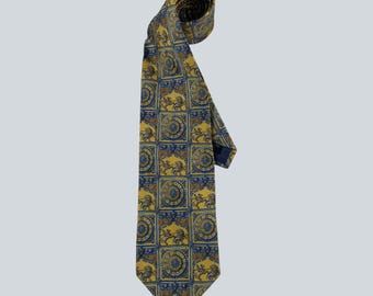 Vintage Liberty London Silk Tie Yellow Blue Astrological Medieval Necktie Mens Gift