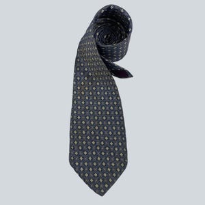 Alfredo Versace Vintage Silk Tie Navy Blue Yellow Geometric Floral Micro Pattern Necktie