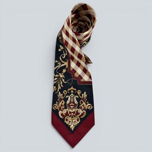 Vintage Pierre Balmain Paris Silk Necktie Burgundy Gold Baroque Checker Pattern Men Formal Tie